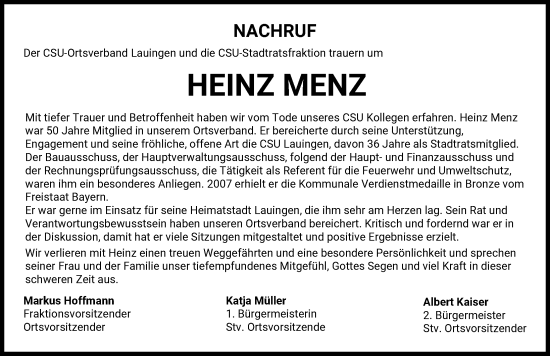 Traueranzeige von Heinz Menz von Donau Zeitung