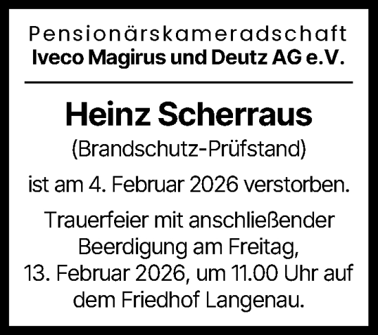 Traueranzeige von Heinz Scherraus von Illertisser Zeitung, Neu-Ulmer Zeitung, Günzburger Zeitung