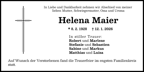 Traueranzeige von Helena Maier von Donauwörther Zeitung