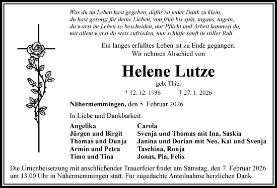 Traueranzeige von Helene Lutze von Rieser Nachrichten