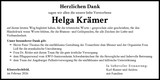 Traueranzeige von Helga Krämer von Schwabmünchner Allgemeine