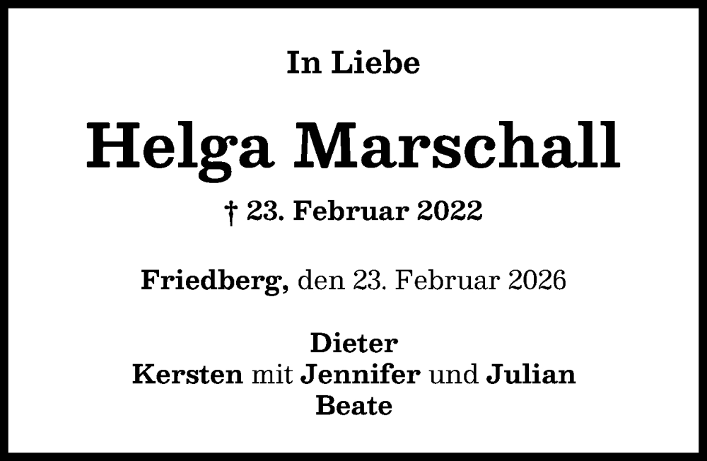  Traueranzeige für Helga Marschall vom 23.02.2026 aus Friedberger Allgemeine