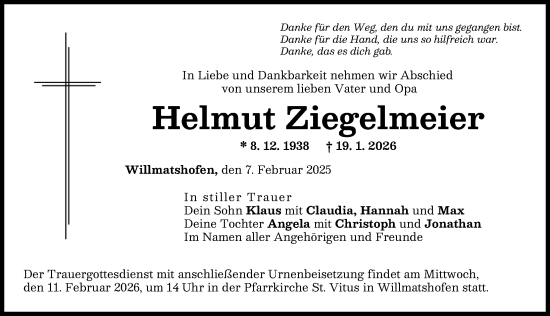 Traueranzeige von Helmut Ziegelmeier von Augsburg-Land