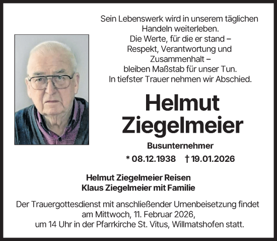 Traueranzeige von Helmut Ziegelmeier von Augsburger Allgemeine