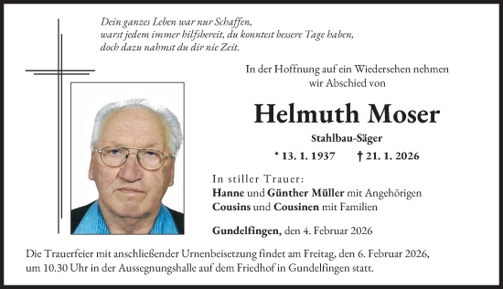 Traueranzeige von Helmuth Moser von Donau Zeitung