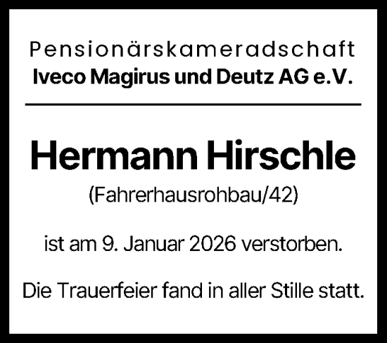 Traueranzeige von Hermann Hirschle von Günzburger Zeitung, Neu-Ulmer Zeitung, Illertisser Zeitung