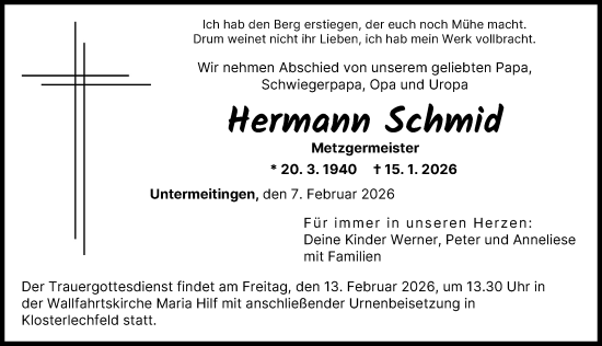 Traueranzeige von Hermann Schmid von Schwabmünchner Allgemeine