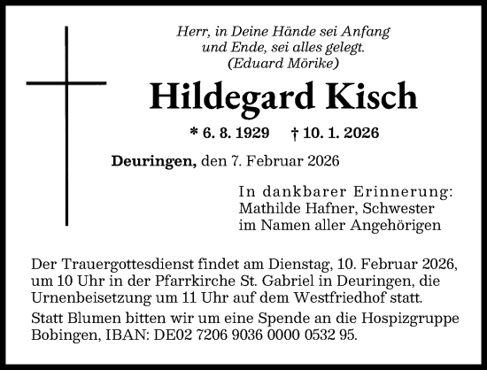 Traueranzeige von Hildegard Kisch von Augsburger Allgemeine