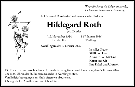 Traueranzeige von Hildegard Roth von Rieser Nachrichten