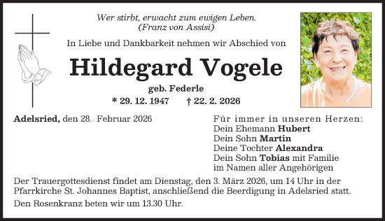 Traueranzeige von Hildegard Vogele von Donau Zeitung, Augsburger Allgemeine
