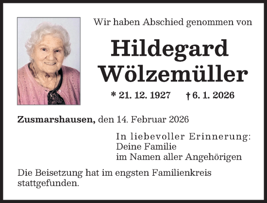 Traueranzeige von Hildegard Wölzemüller von Augsburger Allgemeine