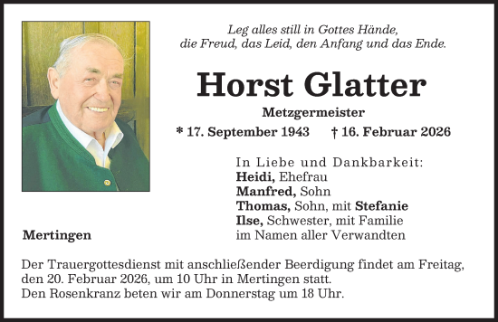 Traueranzeige von Horst Glatter von Donauwörther Zeitung