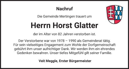 Traueranzeige von Horst Glatter von Donauwörther Zeitung