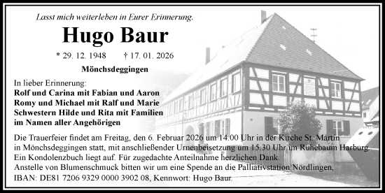 Traueranzeige von Hugo Baur von Rieser Nachrichten