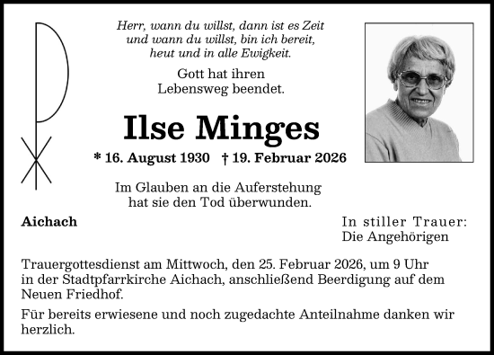 Traueranzeige von Ilse Minges von Aichacher Nachrichten