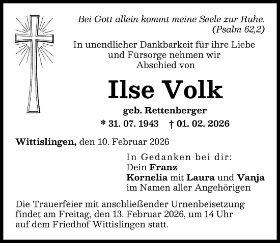 Traueranzeige von Ilse Volk von Donau Zeitung