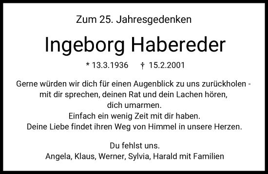 Traueranzeige von Ingeborg Habereder von Augsburger Allgemeine