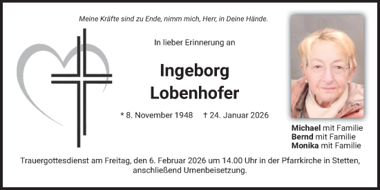 Traueranzeige von Ingeborg Lobenhofer von Mindelheimer Zeitung