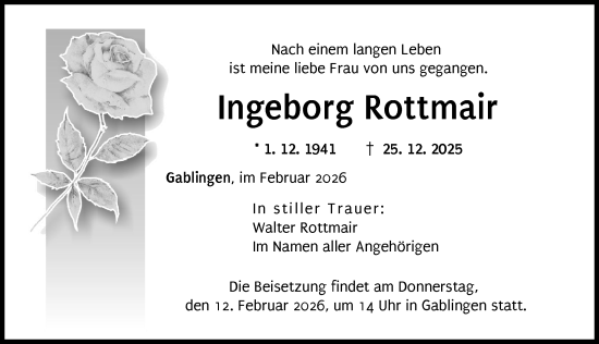 Traueranzeige von Ingeborg Rottmair von Augsburger Allgemeine
