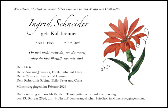 Traueranzeige von Ingrid Schneider von Rieser Nachrichten