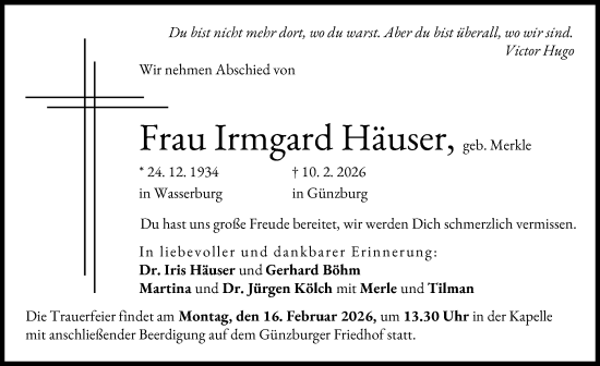 Traueranzeige von Irmgard Häuser von Günzburger Zeitung
