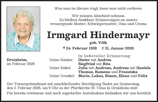 Traueranzeige von Irmgard Hindermayr von Donauwörther Zeitung