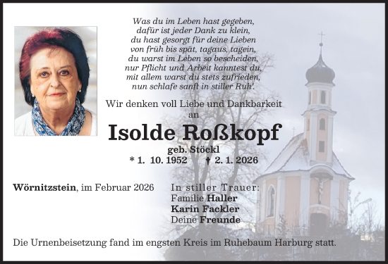 Traueranzeige von Isolde Roßkopf von Donauwörther Zeitung