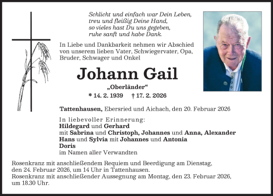 Traueranzeige von Johann Gail von Friedberger Allgemeine