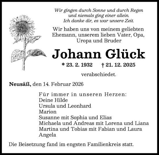 Traueranzeige von Johann Glück von Augsburger Allgemeine
