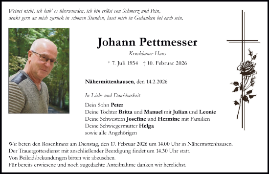 Traueranzeige von Johann Pettmesser von Neuburger Rundschau