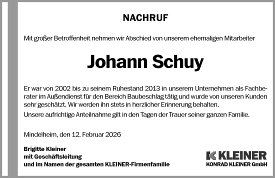 Traueranzeige von Johann Schuy von Aichacher Nachrichten