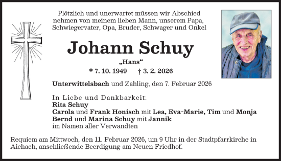 Traueranzeige von Johann Schuy von Aichacher Nachrichten