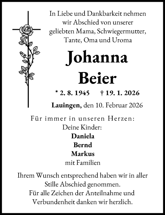Traueranzeige von Johanna Beier von Donau Zeitung