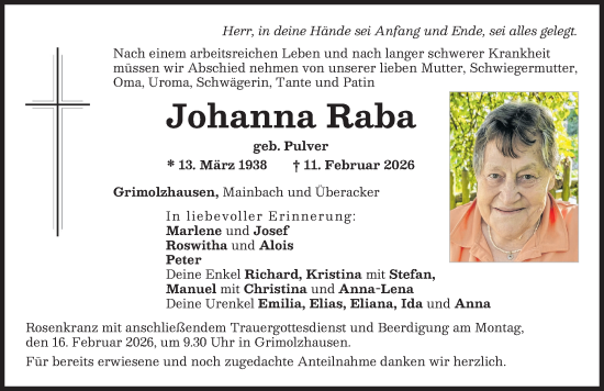 Traueranzeige von Johanna Raba von Neuburger Rundschau