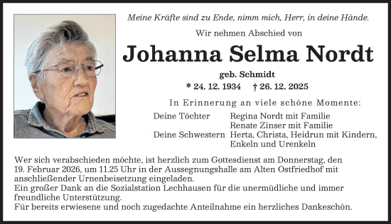 Traueranzeige von Johanna Selma Nordt von Augsburger Allgemeine