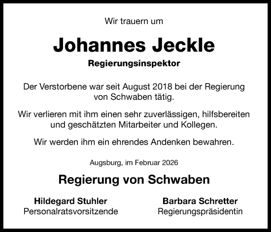 Traueranzeige von Johannes Jeckle von Mittelschwäbische Nachrichten