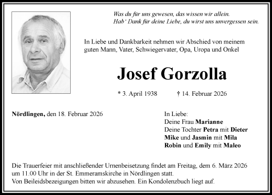 Traueranzeige von Josef Gorzolla von Rieser Nachrichten
