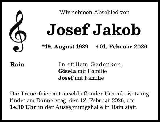 Traueranzeige von Josef Jakob von Neuburger Rundschau, Donauwörther Zeitung