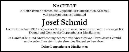 Traueranzeige von Josef Schmid von Mindelheimer Zeitung