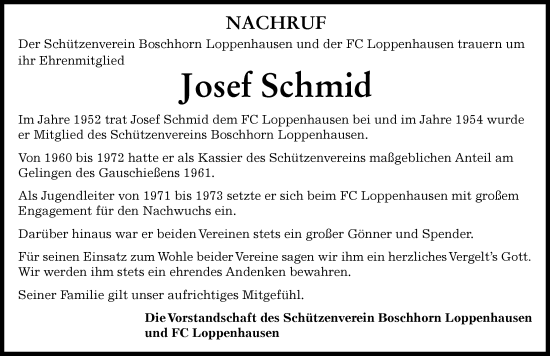 Traueranzeige von Josef Schmid von Mindelheimer Zeitung
