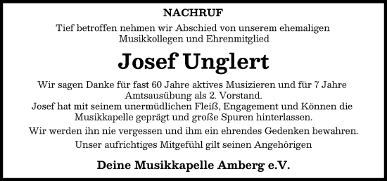 Traueranzeige von Josef Unglert von Mindelheimer Zeitung