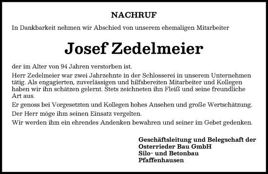 Traueranzeige von Josef Zedelmeier von Mindelheimer Zeitung