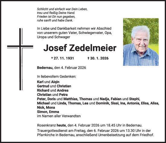 Traueranzeige von Josef Zedelmeier von Mindelheimer Zeitung