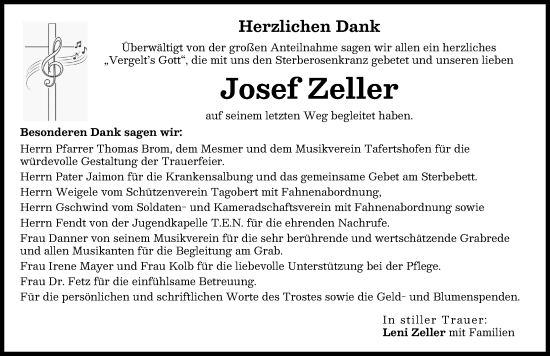 Traueranzeige von Josef Zeller von Illertisser Zeitung, Mittelschwäbische Nachrichten