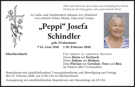 Traueranzeige von Josefa Schindler von Aichacher Nachrichten