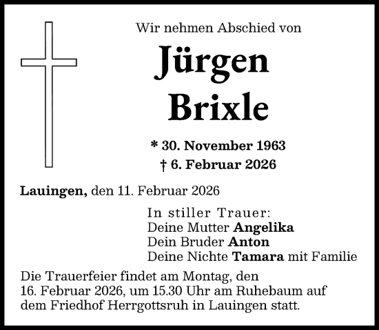 Traueranzeige von Jürgen Brixle von Donau Zeitung