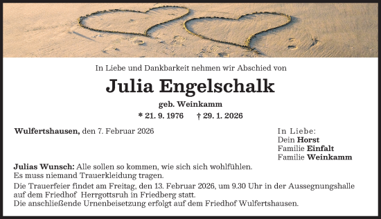 Traueranzeige von Julia Engelschalk von Friedberger Allgemeine