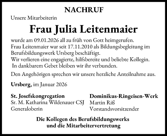 Traueranzeige von Julia Leitenmaier von Mittelschwäbische Nachrichten, Augsburg-Land