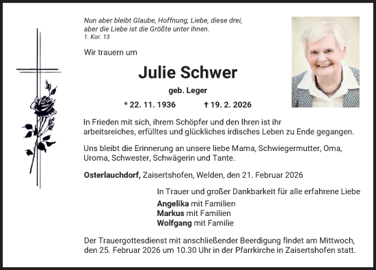 Traueranzeige von Julie Schwer von Mindelheimer Zeitung