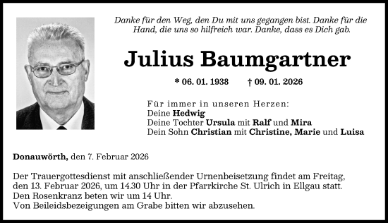 Traueranzeige von Julius Baumgartner von Donauwörther Zeitung